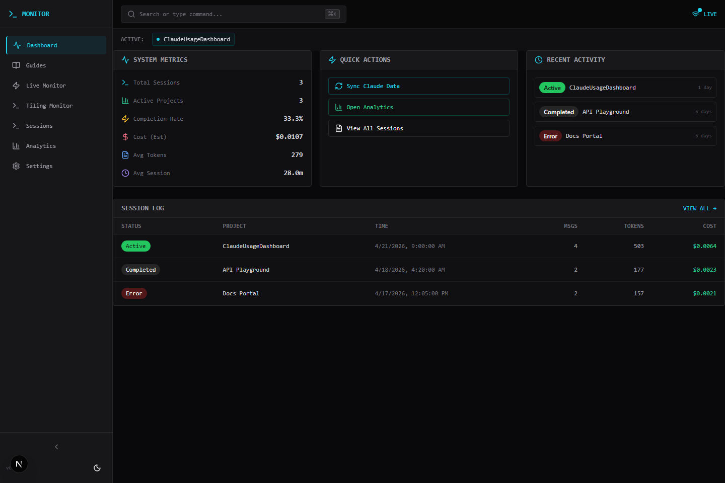 Dashboard overview showing metrics, quick actions, and recent sessions.