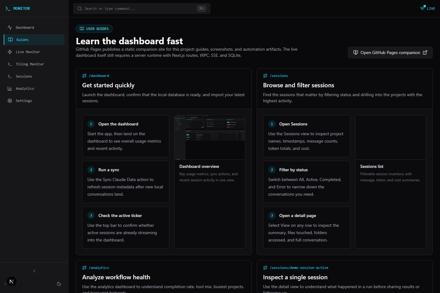 Guides page with onboarding cards and screenshot gallery.