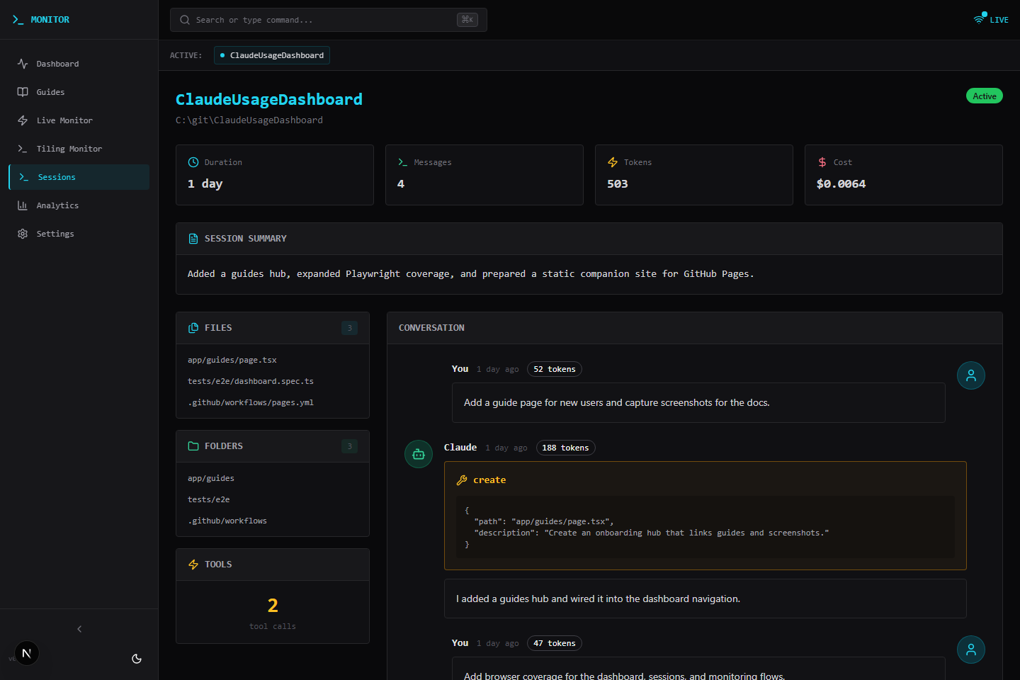 Detailed session page with summary, metadata, and conversation timeline.