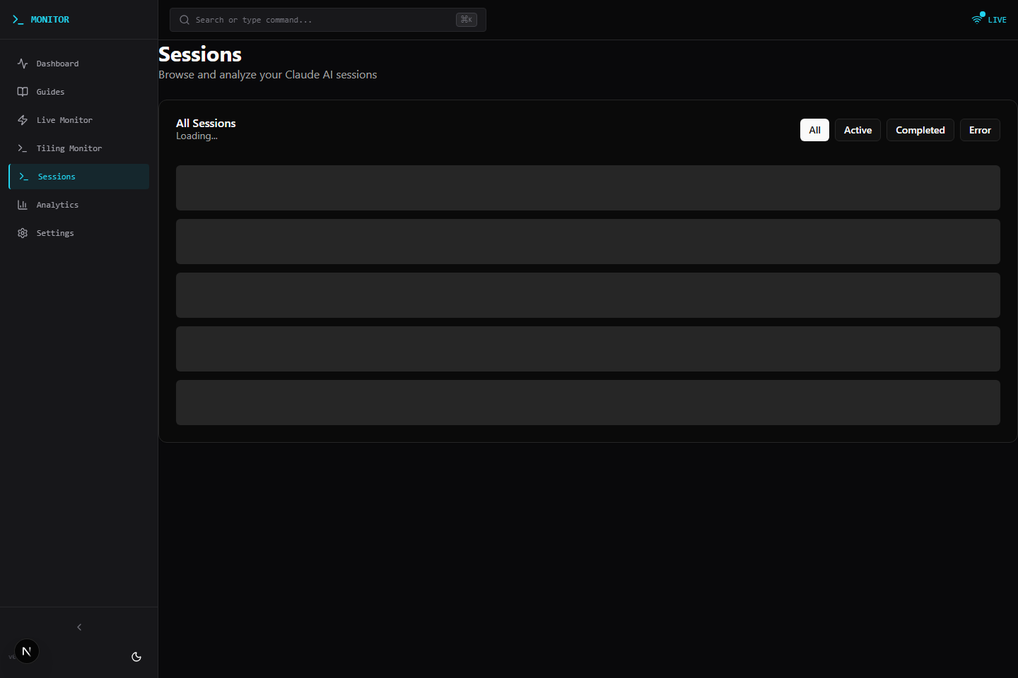 Sessions page showing filter buttons and a table of Claude sessions.