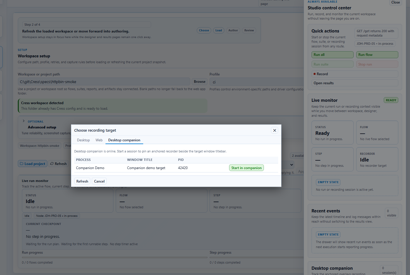 Desktop companion picker in Studio Web