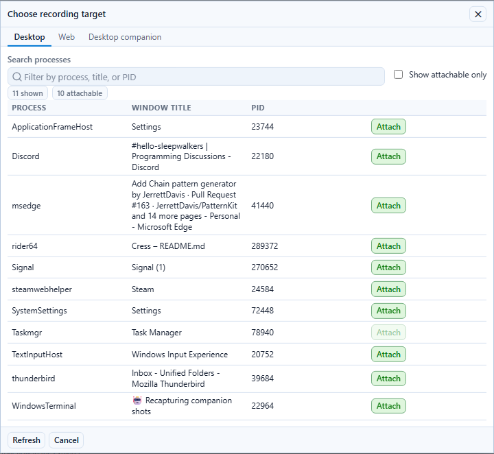 Desktop recording target picker