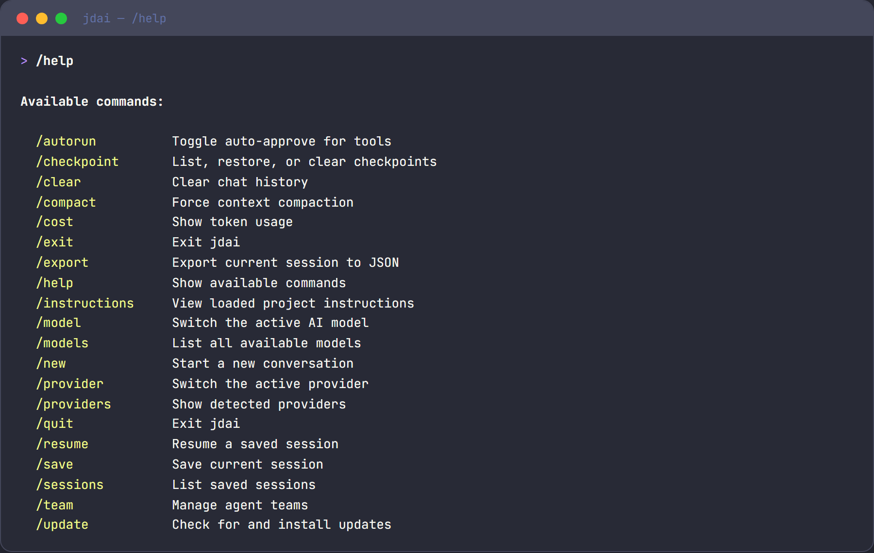 Slash commands help output