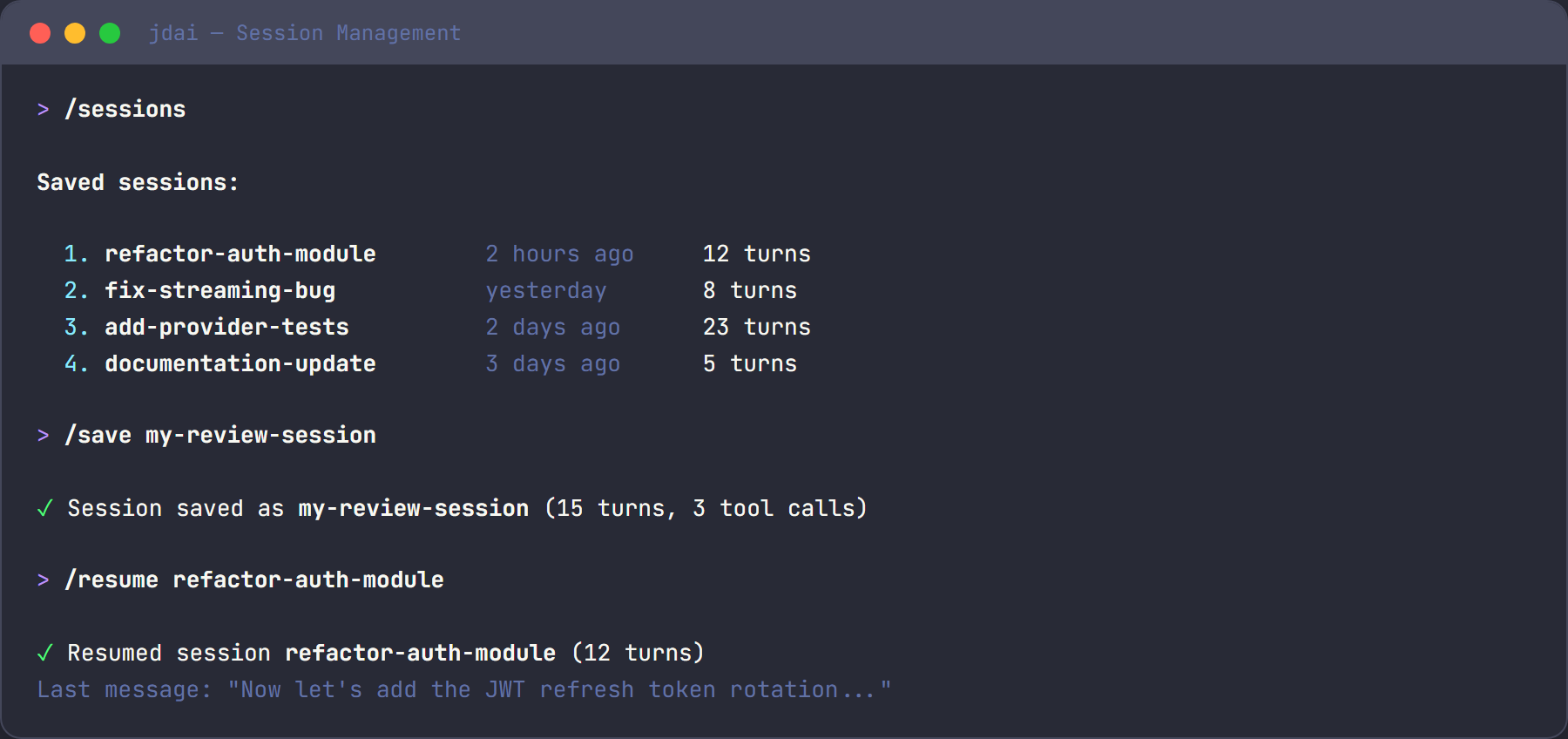 Session management: save, list, and resume