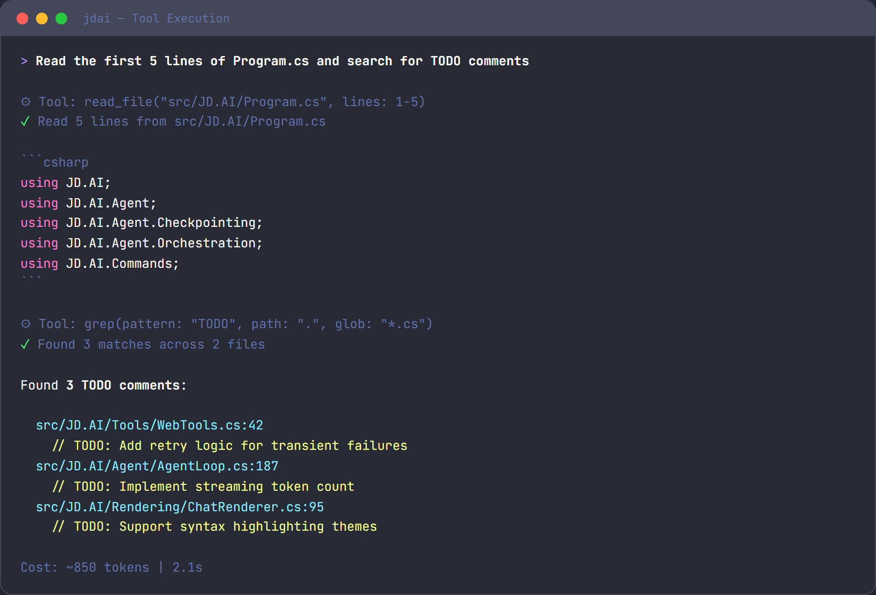 Tool execution showing file reading and grep
